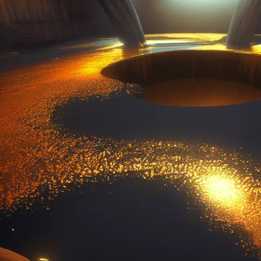 Image similar to a giant stream of liquid gold ascending into a deep black center of gravity, cinematic space scenery, volumetric light, conceptart, unreal engine 5, 8 k, high depth of field, depth perception, rich deep colors, artstation