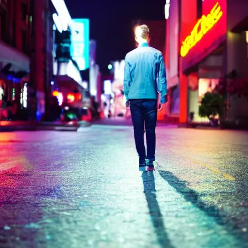 Prompt: a young man with black hair, walking down a neon-lit street at night, 8K high-resolution photograph, bokeh, highly-detailed