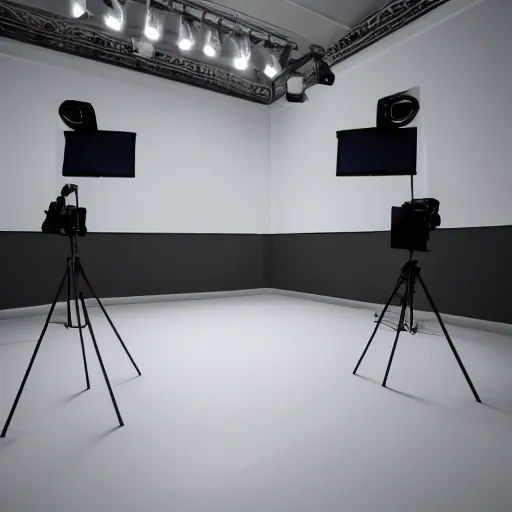 Image similar to an ultra high definition professional studio quality photograph of an empty white room with a plain white plinth in the middle of the room, a mobile phone is on top of plinth in the centre of the photograph. three point light.