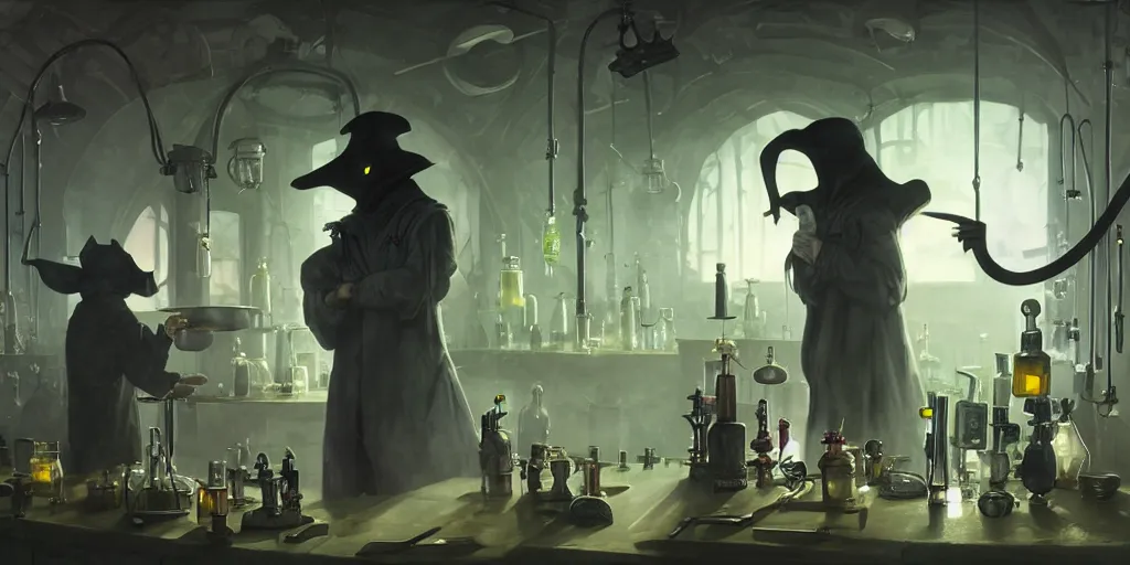 Image similar to a plague doctor and a humanoid rat in a laboratory with lots of flasks filled with magic liquids and green fog, stephen bliss, unreal engine, fantasy art by greg rutkowski, loish, rhads, ferdinand knab, ilya kuvshinov, rossdraws, tom bagshaw, global illumination, radiant soft light, detailed and intricate environment