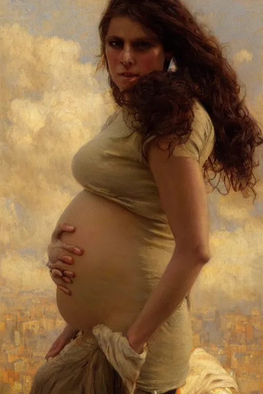 Prompt: pregnant woman in t-shirt by Gaston Bussiere. full-shot, urban dystopia, hyper realism, realistic proportions, dramatic lighting, high detail 4k