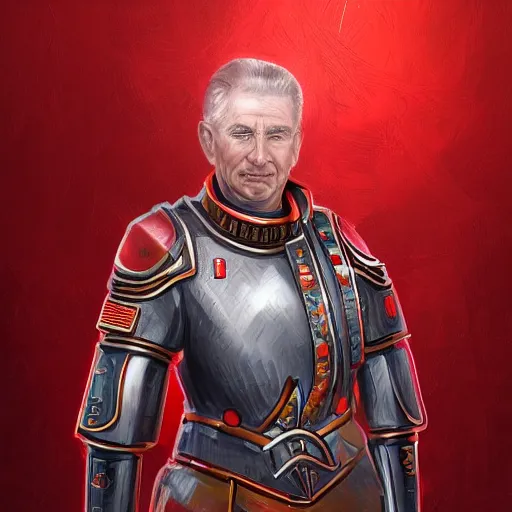 Prompt: HD detailed art on artstation, portrait of 1st Marshal of Utopia, the marshal values justice and courage, dressed in red clothes with a crystalline neural lace