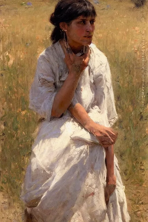 Prompt: Richard Schmid and Jeremy Lipking and Antonio Rotta full length portrait painting of a young beautiful traditonal american indian woman