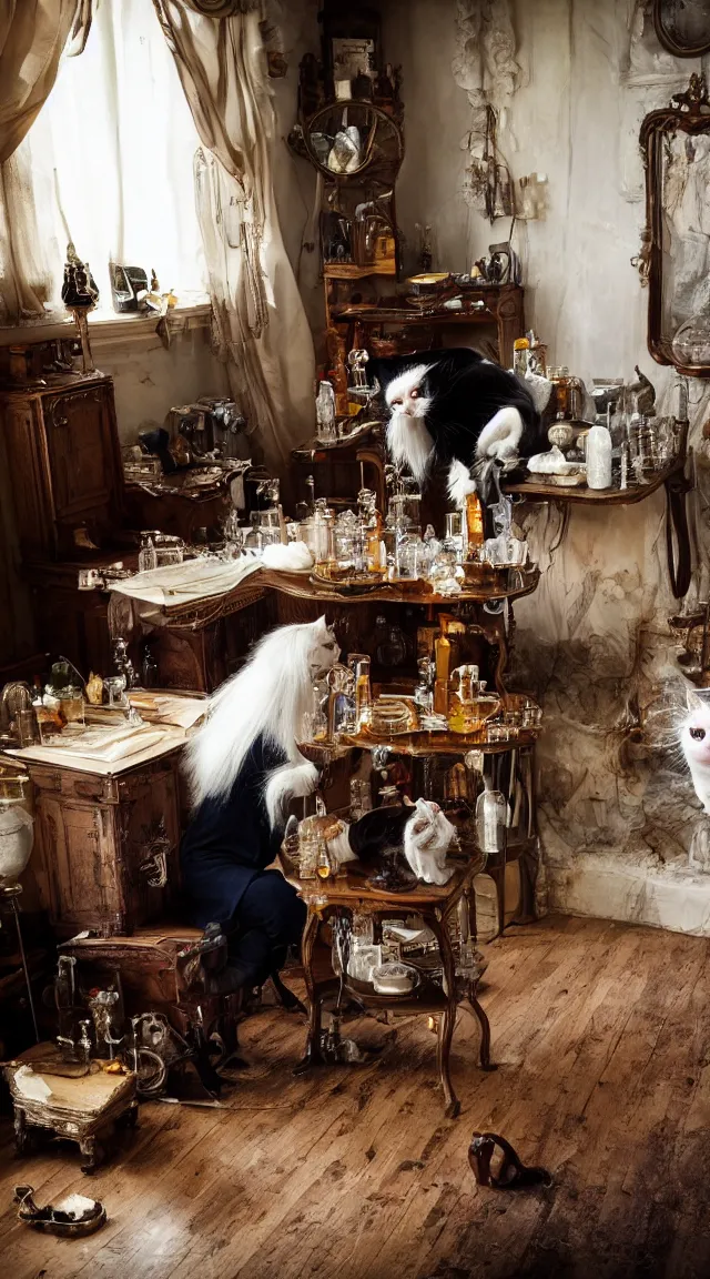 Image similar to full body protrait beautifull witch with white hair in old room. A cristal ball on a wood table with a potions and old instruments. A cat on the floor licking his paw. photorealistic, profesional photo, by Steve McCurry