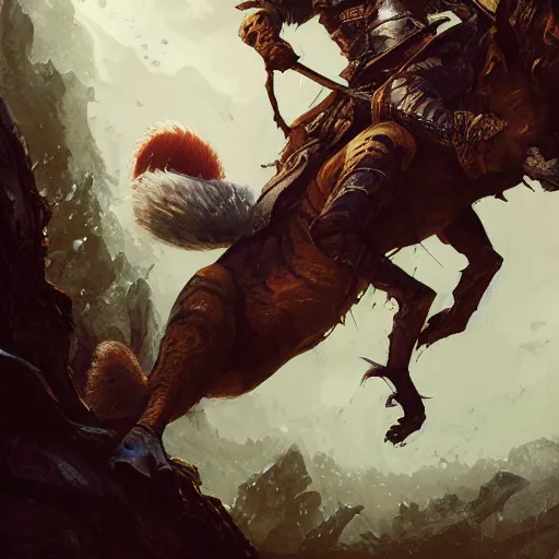 Image similar to Squirrel knight riding tiger, magic the gathering artwork, horror, D&D, fantasy, cinematic lighting, centered, symmetrical, highly detailed, digital painting, artstation, concept art, smooth, sharp focus, illustration, volumetric lighting, epic Composition, 8k, art by Akihiko Yoshida and Greg Rutkowski and Craig Mullins, oil painting, cgsociety