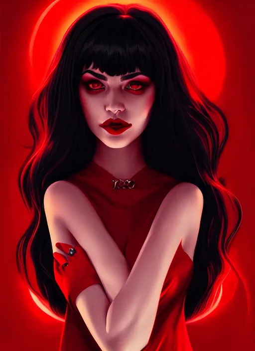 Image similar to portrait of vampire veronica lodge with bangs, vampire fangs, vampire, long hair, red clothes, bangs, vampironica, intricate, elegant, glowing lights, highly detailed, digital painting, artstation, concept art, smooth, sharp focus, illustration, art by wlop, mars ravelo and greg rutkowski