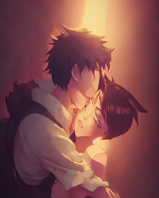 Prompt: a man hugging an anime bunny, medium shot, visible face, detailed face, perfectly shaded, atmospheric lighting, by makoto shinkai, stanley artgerm lau, wlop, rossdraws