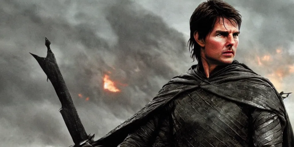 Image similar to ' tom cruise'as the entire army of mordor 9 0 0 0'lord of the rings ', cinematic scene, award winning