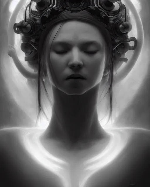 Image similar to dreamy, monochrome, subsurface scattering, white, cyborg goddess in cosmos, black and white, octane render, tomasz alen kopera, jesper ejsing, cgsociety, fenghua zhong, makoto shinkai, james jean, justin gerard, highly detailed, rim light, art, cinematic lighting, very coherent, hyper realism, 8 k