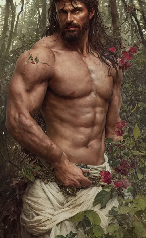 Image similar to god of the forest, rugged, handsome, male, detailed face, clean lines, atmospheric lighting, amazing, full body, thighs, flowers, muscular, intricate, highly detailed, digital painting, deviantart, concept art, sharp focus, illustration, art by greg rutkowski and alphonse mucha