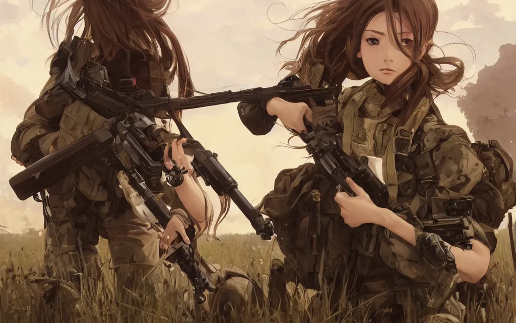 Prompt: war movie scene, infantry girl, anime style, long hair, hair down, symmetrical facial features, explosions, 4 k wallpaper, from girls frontline, hyper realistic, pale skin, rule of thirds, extreme detail, realistic lighting, detailed drawing, trending artstation, hd, trading card, by alphonse mucha, greg rutkowski, backlit