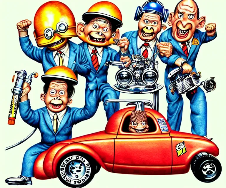 Prompt: cute and funny, three stooges, wearing a helmet, driving a hotrod, oversized enginee, ratfink style by ed roth, roth's drag nut fuel, centered award winning watercolor pen illustration, isometric illustration by chihiro iwasaki, the artwork of r. crumb and his cheap suit, cult - classic - comic,