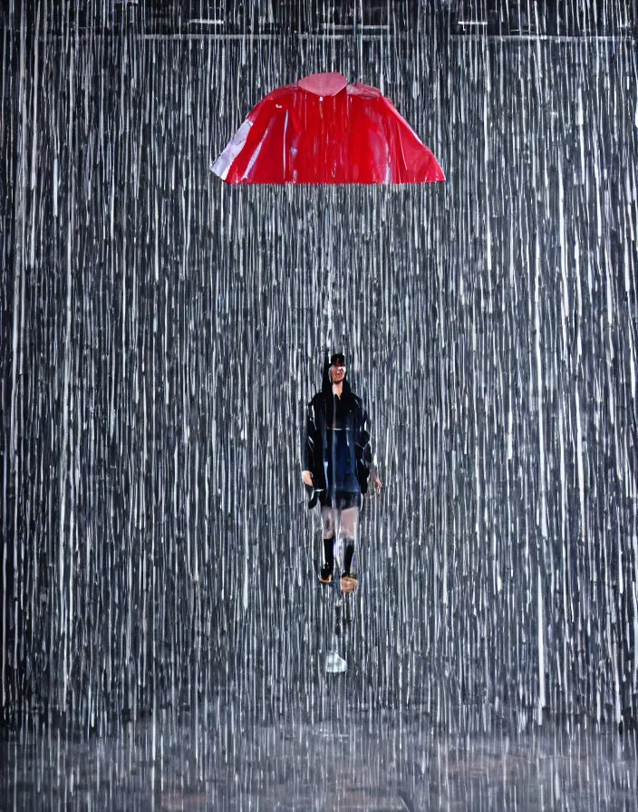 Image similar to close - up portrait of an empty slick fashionable zara raincoat floating suspended mid - air on a glittering wet rainy display designed by james terrell, wes anderson, felipe pantone, symmetry, rule of thirds