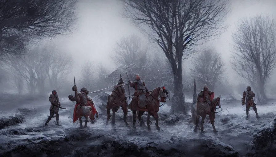 Prompt: four knights fighting in the old foggy village near a well, one knight in the foreground, three knight in the middleground, painted in the style of stepan alekseev chosac, winter, dark atmosphere, highly detailed, uplight, 8k, unreal engine, octane rendered, wow