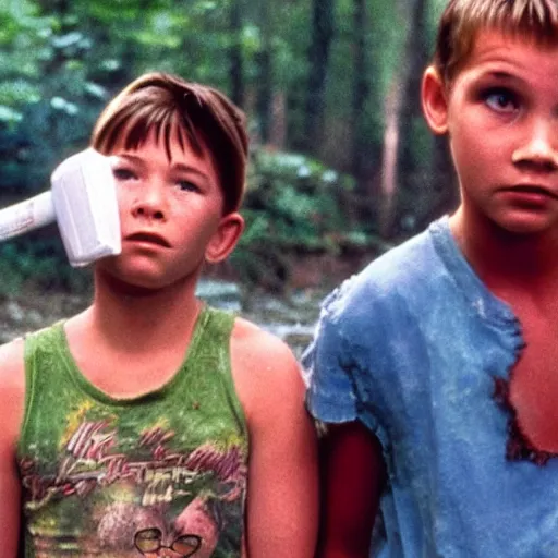 Prompt: a still of from the movie stand by me crossover with the movie the toxic avenger