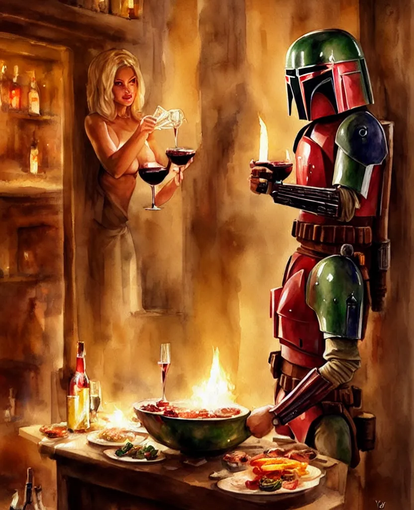 Image similar to blonde hot woman in wine cellar,! boba fett!, drinking beer, eating meat, cozy, inviting, atmospheric, torches on the wall, watercolor by vladimir volegov