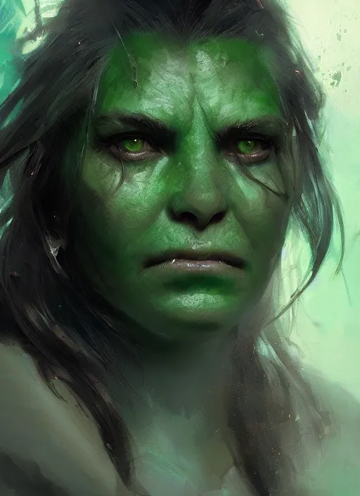 Image similar to green orc female, light green tone beautiful face, by greg rutkowski, by jeremy mann, digital painting