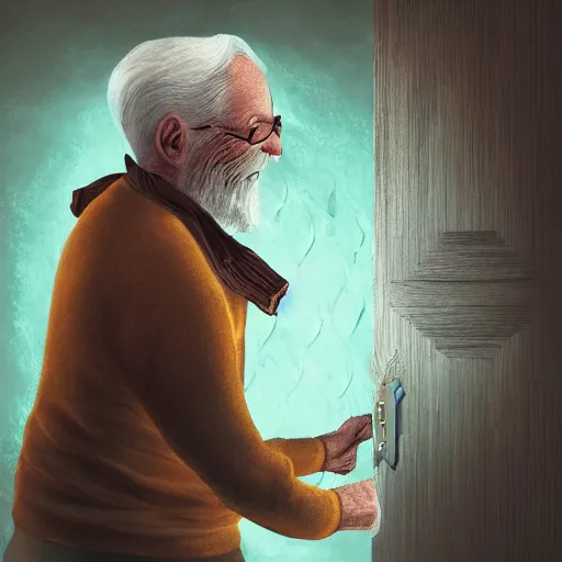 Image similar to old man going through a door to another dimension, fantasy, 4 k, digital art,