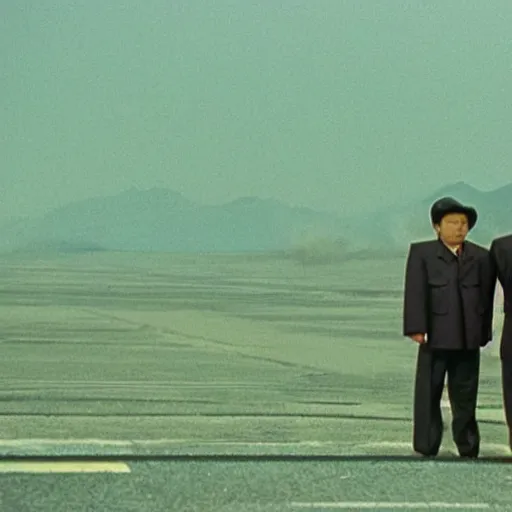 Image similar to low resolution filmstill of a north Korean thriller in the style of Akira Kurosawa