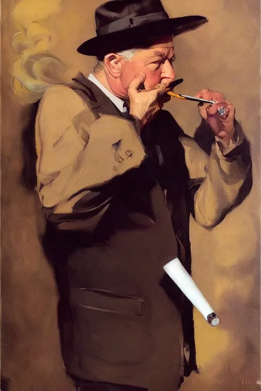 Image similar to david lynch smoking cigarette, billowing smoke, painting by jc leyendecker!! phil hale!, lynchian!!!! ominious, dark lighting, angular, brush strokes, painterly, vintage, crisp