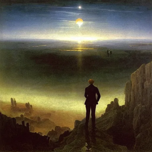 Image similar to wanderer above the sea of fog, but over the pits of hell syle of caspar david friedrich