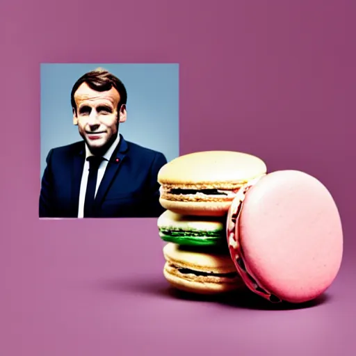 Prompt: emmanuel macron merged with a macaron, as a macaron, macaron hybrid, pack shot, clean photography, advertising campaign