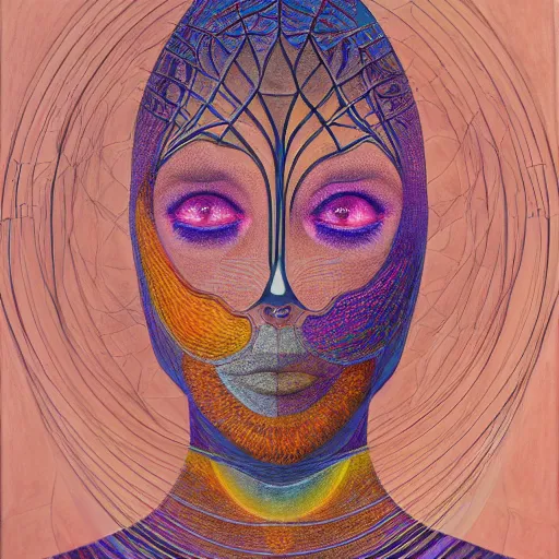 Prompt: a portrait of a woman envisioning the division of humanity in search of the one truth, hyperrealism, rule of thirds, pathways and portals to other worlds, extremely detailed, intricate pastel and acryllic artwork, abstract geometry, hermeticism, magical symbolism