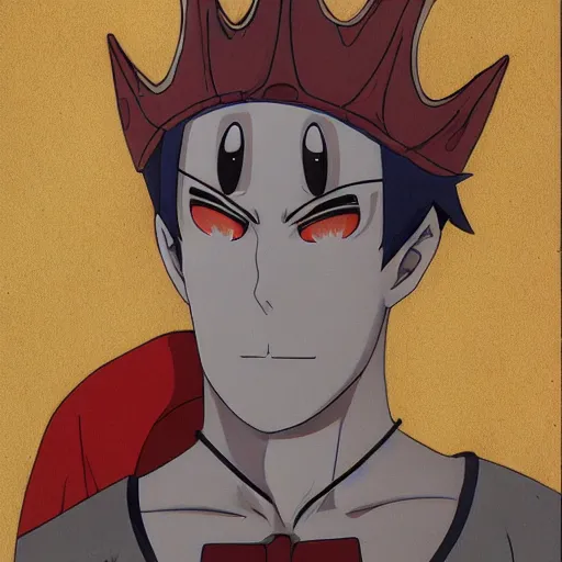 Image similar to man with red eyes and a crown grinning, anime