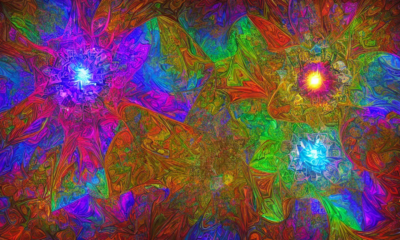 Image similar to voronoi engine laboratory 3 d volume kaleidoscope mandala fractal chakra digital multicolor stylized concept substance liquid nebula stone, a spectacular view cinematic rays of sunlight comic book illustration, by john kirby radiating a glowing aura global illumination ray tracing hdr depth fog overlay multiply photoshop layer