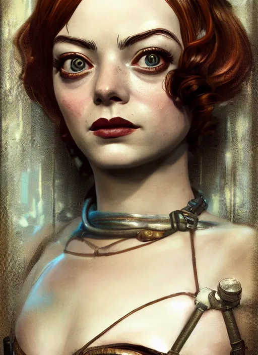 Image similar to Bioshock steampunk portrait of Emma Stone, au naturel, hyper detailed, digital art, trending in artstation, cinematic lighting, studio quality, smooth render, unreal engine 5 rendered, octane rendered, art style by klimt and nixeu and ian sprigger and wlop and krenz cushart