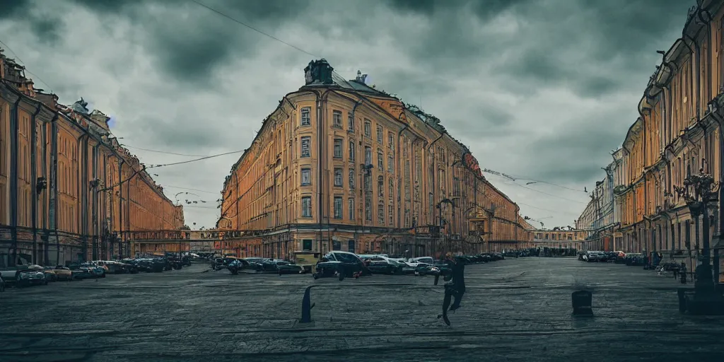 Image similar to cinematic street shot of a flying houses of saint petersburg city, telephoto, anamorphic cinematography, beautiful composition, color theory, leading lines, photorealistic, moody volumetric lighting