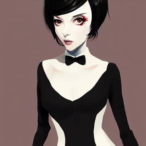 Image similar to slim killer girl in tuxedo with black bob hair, elegant, 2d, ultra highly detailed, digital painting, smooth, sharp focus, artstation, art by Ilya Kuvshinov