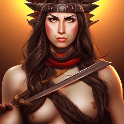 Image similar to head and shoulders portrait of a barbarian, female, d & d, high fantasy, by artgerm, behance hd, shutterstock, clean cel shaded vector art illustration,