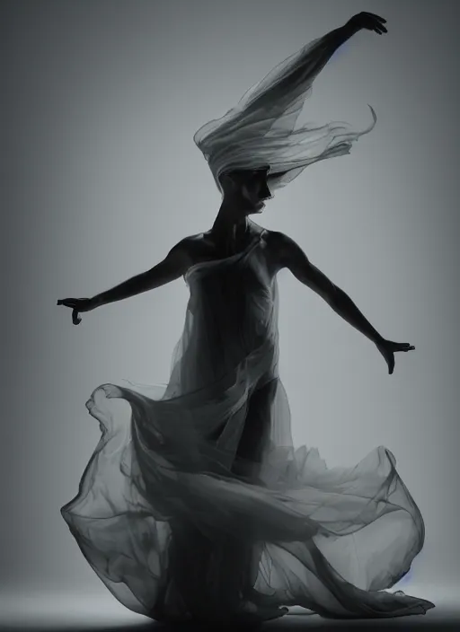 Image similar to a Photorealistic dramatic hyperrealistic render of a beautiful Female smoke dancer by Ken Brower and Deborah Ory of NYC Dance project,Lois Greenfield,Flowing cloth and smoke,Beautiful dynamic dramatic dark moody lighting,volumetric,shadows,cinematic atmosphere,Octane render,8K