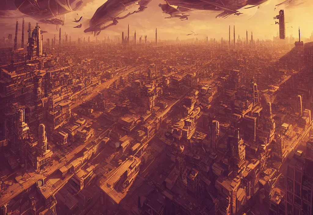 Image similar to flying city by alena aenami, zeppelin dock, city in the air, buildings are flying, steampunk, digital art, 4 k, trending on artstation, impressive, epic composition, highly detailed, golden hour, no ground