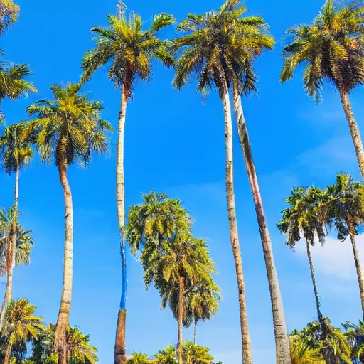 Image similar to surreal palm trees floating floating floating in blue sky, random positions long stems. floating, flying