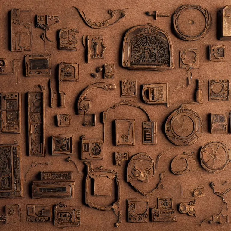 Prompt: carved bronze ancient computers, film photo, soft lighting album cover, nostalgia, gradient