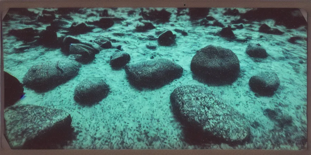 Prompt: analog polaroid of stones underwater, streaming water, slight water reflection