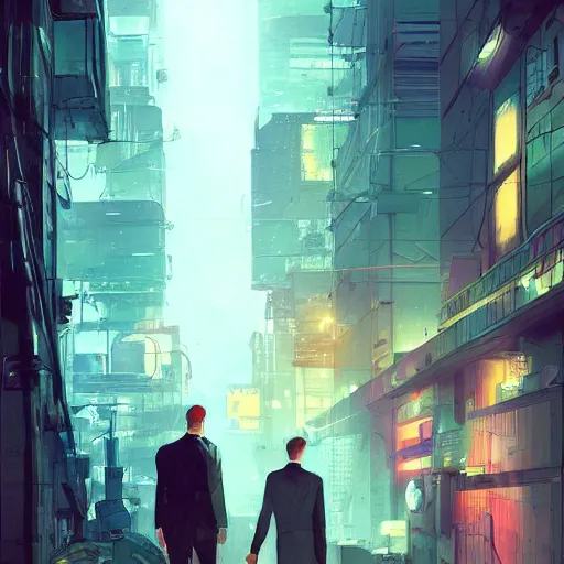 Prompt: two cyberpunk businessmen, detailed digital illustration by greg rutkowski, cyberpunk back alley, nighttime, colorful lighting