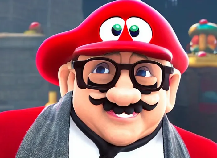 Prompt: video game still of!!!! danny devito wearing his glasses!!!! as mario in the video super mario odyssey,