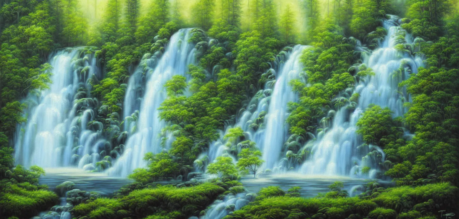 Image similar to a painting of a waterfall in a forest, an airbrush painting by terry redlin, deviantart, metaphysical painting, airbrush art, detailed painting, oil on canvas