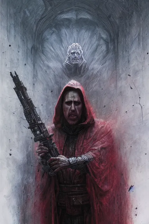 Image similar to Nicholas Cage Sith Lord, star wars, dark fantasy, intricate, highly detailed, smooth, artstation, painted by Wayne Barlowe, Greg Rutkowski, zdislav beksinski, Francis Bacon