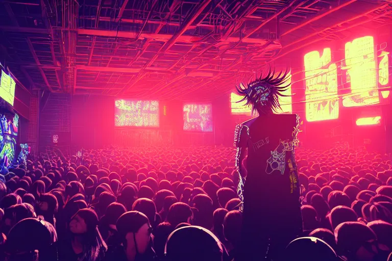 Image similar to 3 d render of a punk at a japanese metal concert in a cyberpunk world, made using maya and arnold, bright neon colors, intricate details, complementary colors, detailed face, backlighting, octane render, depth of field, extremely detailed, trending in artstation, focus on face, sharp focus, radiant light, raytraced, ray tracing, 8 k, beautiful composition