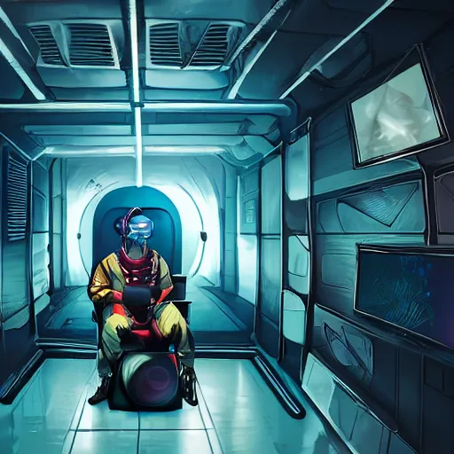 Image similar to a man sitting on a chair with things attached to his head, screens and monitors in front of him playing videos, ship interior, narrow hallway, scifi colors, dramatic lighting, dark, spotlight, surreal, by magali villeneuve