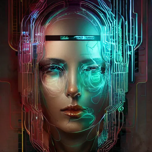 Image similar to female cyberpunk portrait by cy Twombly and BASTIEN LECOUFFE DEHARME, highly detailed circuit boards, led display, iridescent fractal, integrated wiring, high tech, neon lights, artistic