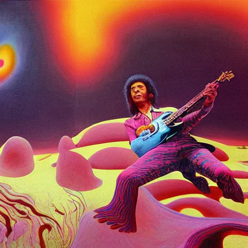 Image similar to ultrawide angle colour masterpiece surreal closeup portrait photography of jimi hendrix playing on stage by miho hirano and annie leibovitz and michael cheval, weird surreal epic psychedelic complex biomorphic 3 d fractal landscape in background by kilian eng and roger dean and salvador dali and beksinski, 8 k