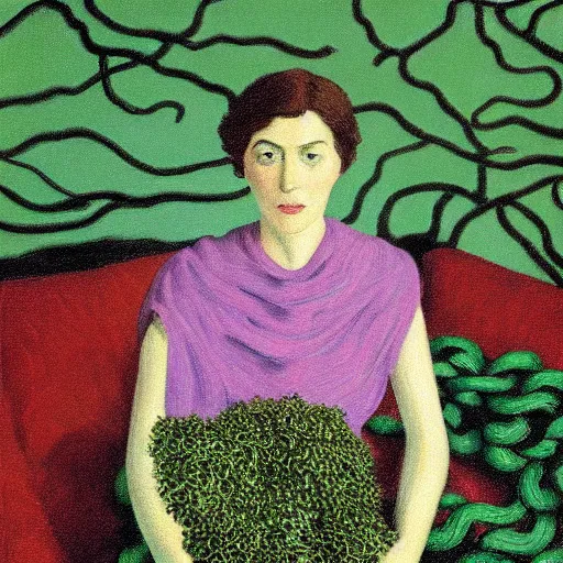 Image similar to portrait of an artist in her apartment, wrapped in vines, stones, black walls, puddles, moss, acrylic on canvas, by magritte and monet