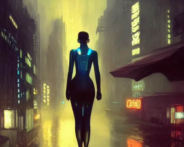 Image similar to 2 0 1 8 blade runner movie still girl look at the cityscape from roof perfect face fine realistic face pretty face reflective polymer suit tight neon puffy jacket blue futuristic sci - fi elegant by denis villeneuve tom anders zorn hans dragan bibin thoma greg rutkowski ismail inceoglu illustrated sand storm alphonse mucha