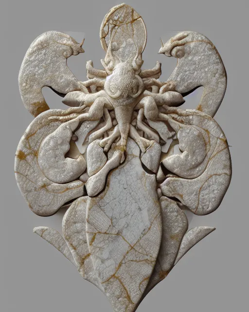 Image similar to white calacatta gold marble, white and gold kintsugi, bas relief carving, feminine shapes, crab shapes, spider shapes, scorpion shapes, tarantula shapes, stunning, highly detailed, intricately detailed, octane, 8 k, trending on artstation