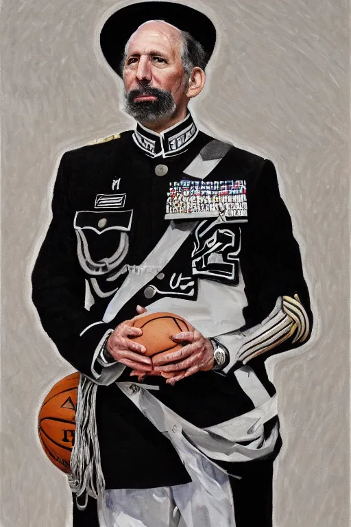 Image similar to full body portrait of the dictator of the san antonio spurs, 1 8 8 9, in full military garb, silver, black, white, greg popovich, oil on canvas by william sidney mount, trending on artstation